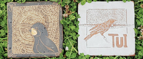 Sgraffito tiles of Huia and Tui